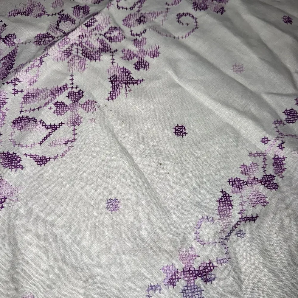 Vintage Linen Tablecloth Cross Stitch Floral Embroidery Purple 65x49